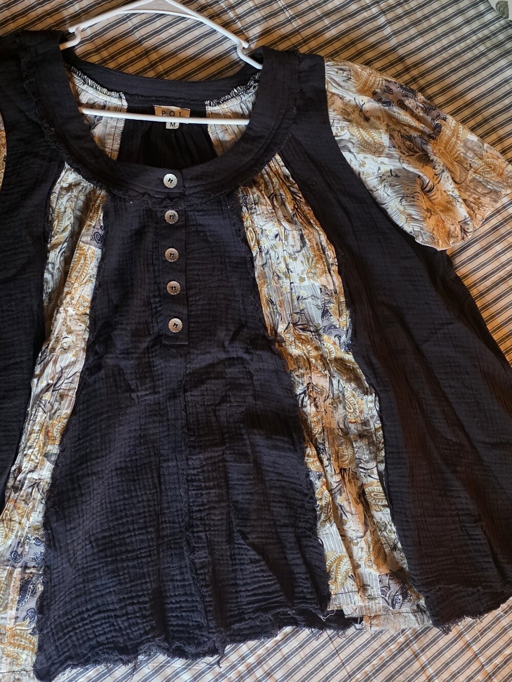 POL Dark Gray and Floral Panel Short Sleeve Peasant Blouse - Picture 7 of 10